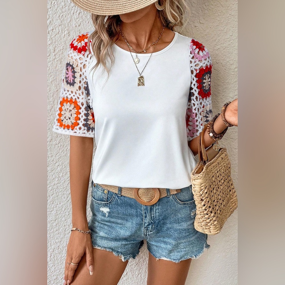 White Floral Crochet Short Sleeve Top